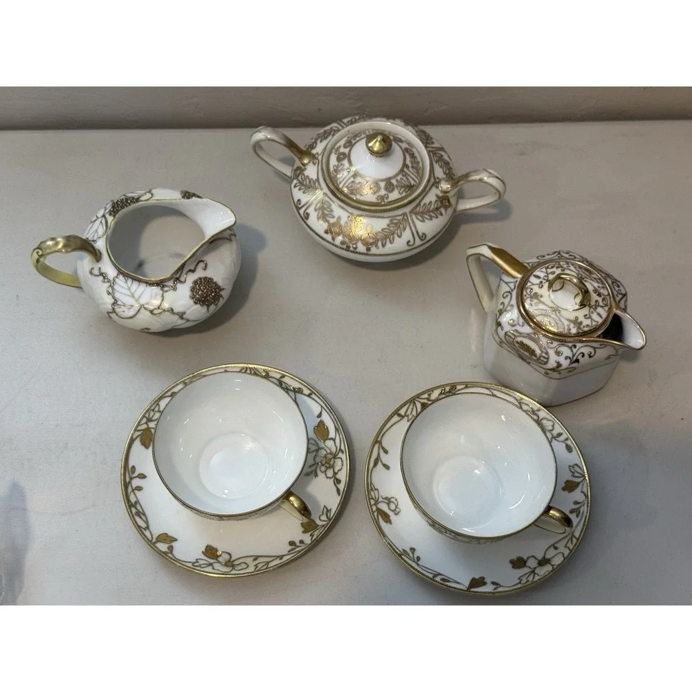 Vintage Mixed Set Bone china Nippon gold leaf  7 Piece China Tea Set